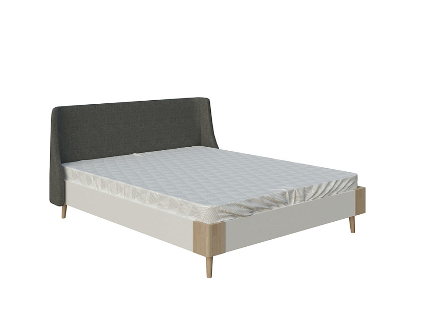 Кровать Lagom Side Chips 160x200 ЛДСП+ткань Лама Темно-серый/ЛДСП Белый Жемчуг/Масло-воск Natura (Бук) - Оригинальная кровать без встроенного основания из ЛДСП с мягкими элементами.