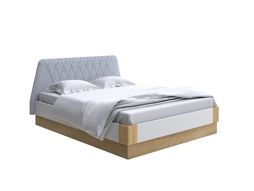 Кровать Lagom Hill Chips с подъемным механизмом 200x200 ЛДСП+ткань Levis 83 Светло-Серый/ЛДСП Белый Жемчуг/Масло-воск Natura (Береза) - Кровать со встроенным основанием. 