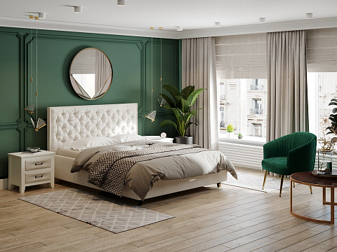 Двуспальная кровать из экокожи Teona Grand - Кровать с увеличенным изголовьем, украшенным благородной каретной пиковкой.