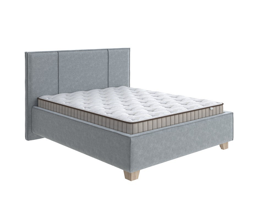 Кровать Hygge Line 160x200 Ткань: Велюр Gratta 3 Утренний туман - Мягкая кровать с ножками из массива березы и объемным изголовьем