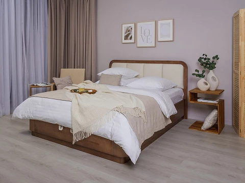 Двуспальная кровать с матрасом Hemwood с подъемным механизмом - Кровать из натурального массива сосны с мягким изголовьем и бельевым ящиком