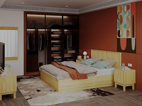 Двуспальная кровать с матрасом Tempo с подъемным механизмом - Кровать с ПМ с вертикальной фрезеровкой и декоративным обрамлением изголовья